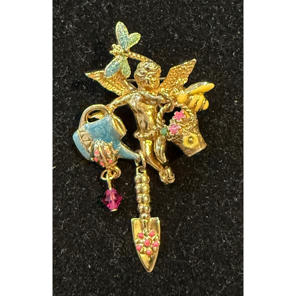 Kirks Folly Garden Angel Brooch Gold Tone Enamel Dragonfly Bee Watering Can Pin
